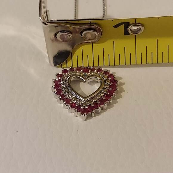 Italian 925 Sterling Silver & Red Rubies 3/4" Heart Pendant 16" Necklace - Picture 5 of 6
